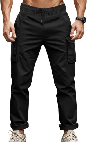 ADHOWBEW Tactical Pants Men Elastic Waist Pockets Relaxed Fit Work Construction Big and Tall Joggers