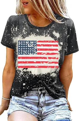 American Flag Shirt Women Patriotic Shirt Vintage USA Flag Bleached T-Shirt Short Sleeve 4th of July Tee Tops
