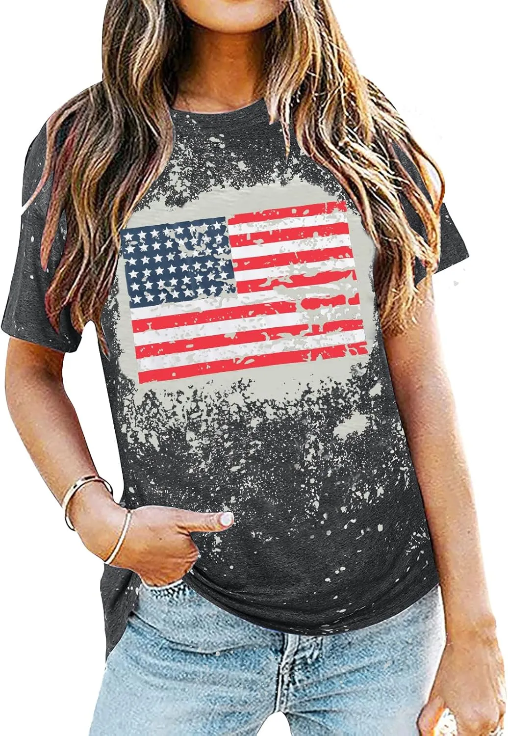 American Flag Shirt Women Patriotic Shirt Vintage USA Flag Bleached T-Shirt Short Sleeve 4th of July Tee Tops