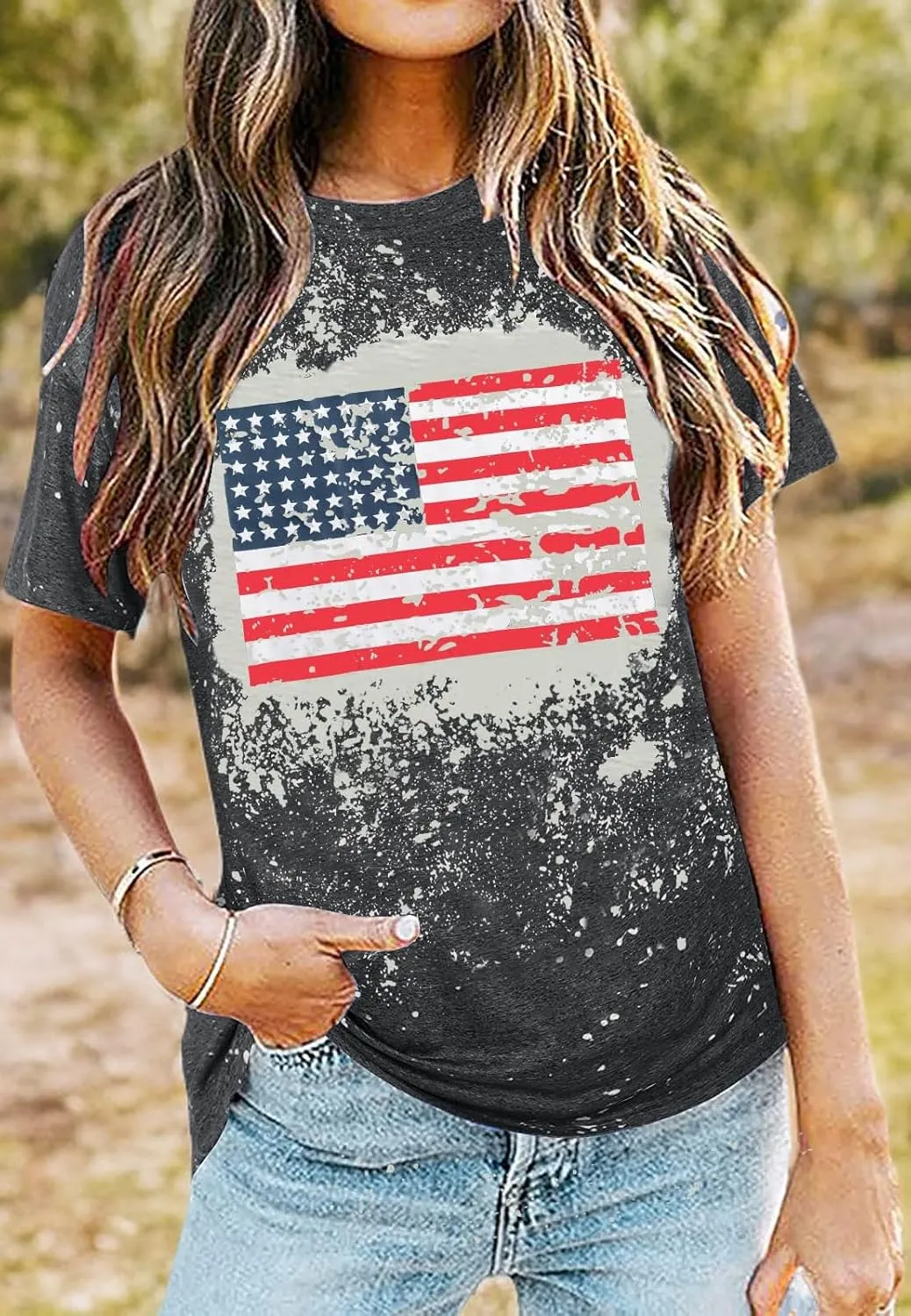American Flag Shirt Women Patriotic Shirt Vintage USA Flag Bleached T-Shirt Short Sleeve 4th of July Tee Tops