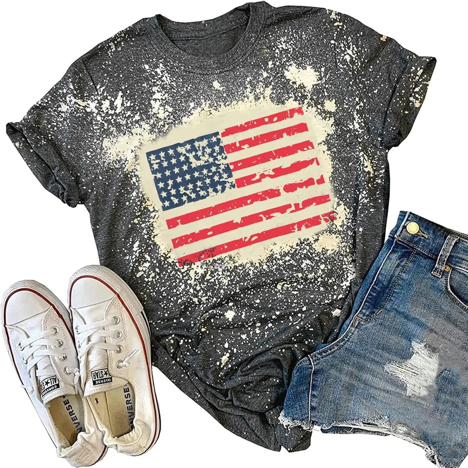 American Flag Shirt Women Patriotic Shirt Vintage USA Flag Bleached T-Shirt Short Sleeve 4th of July Tee Tops