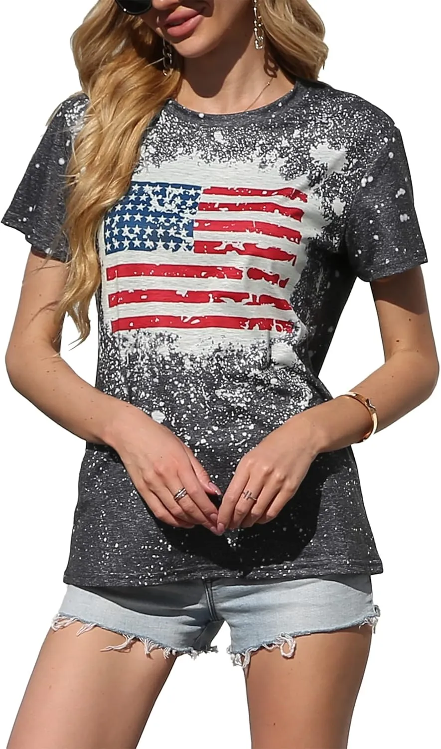 American Flag Shirt Women Patriotic Shirt Vintage USA Flag Bleached T-Shirt Short Sleeve 4th of July Tee Tops