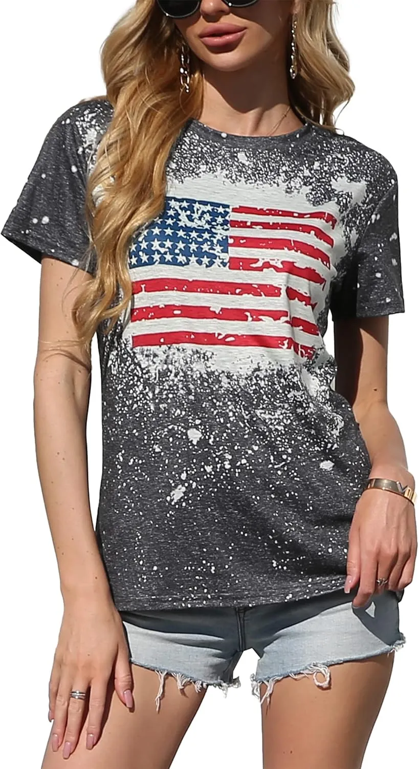 American Flag Shirt Women Patriotic Shirt Vintage USA Flag Bleached T-Shirt Short Sleeve 4th of July Tee Tops