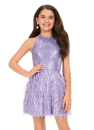 Ashley Lauren Kids 8196 Fully Beaded Girls Cocktail Dress Halter Top With Feather A-Line Skirt