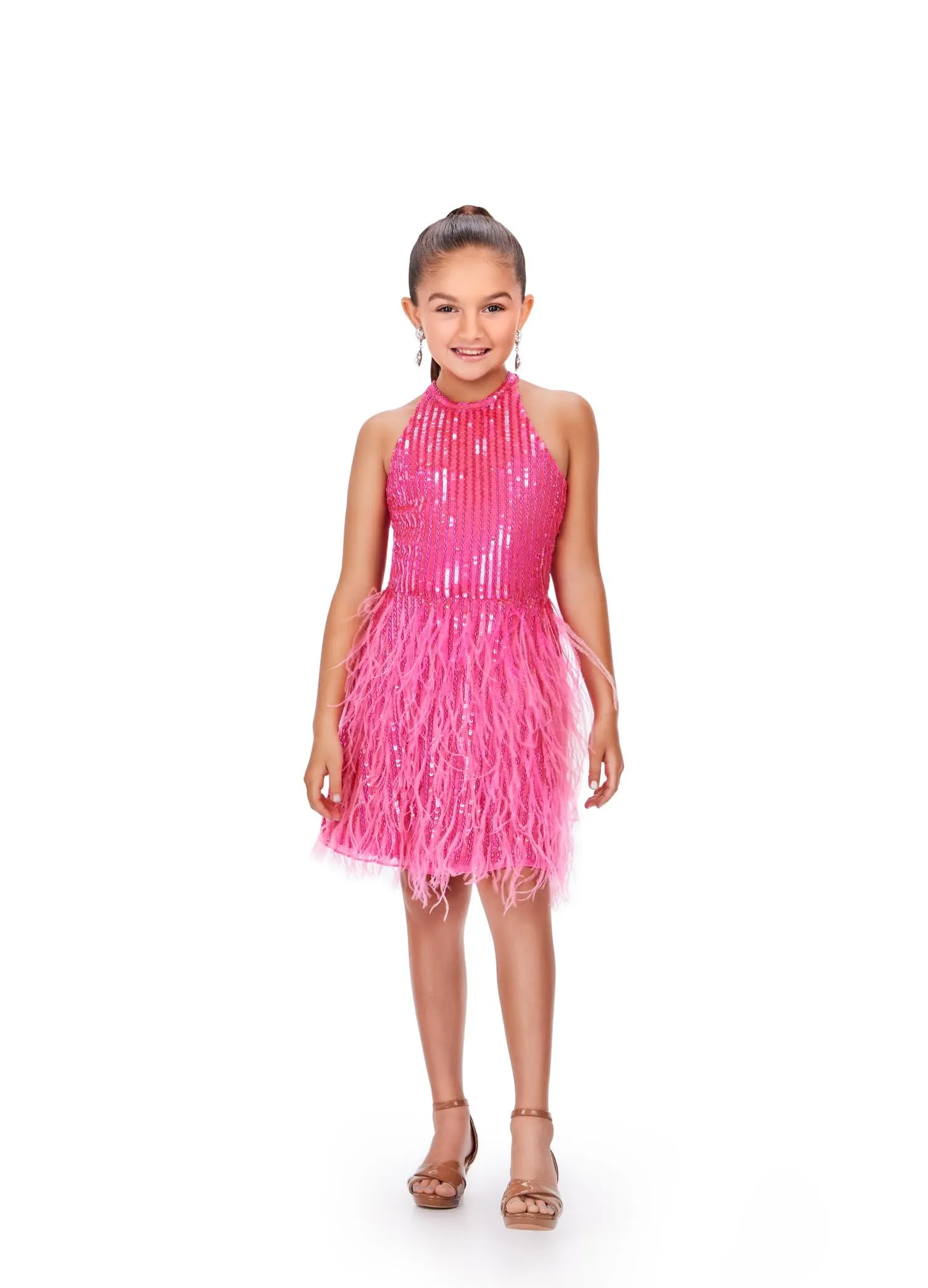Ashley Lauren Kids 8196 Fully Beaded Girls Cocktail Dress Halter Top With Feather A-Line Skirt