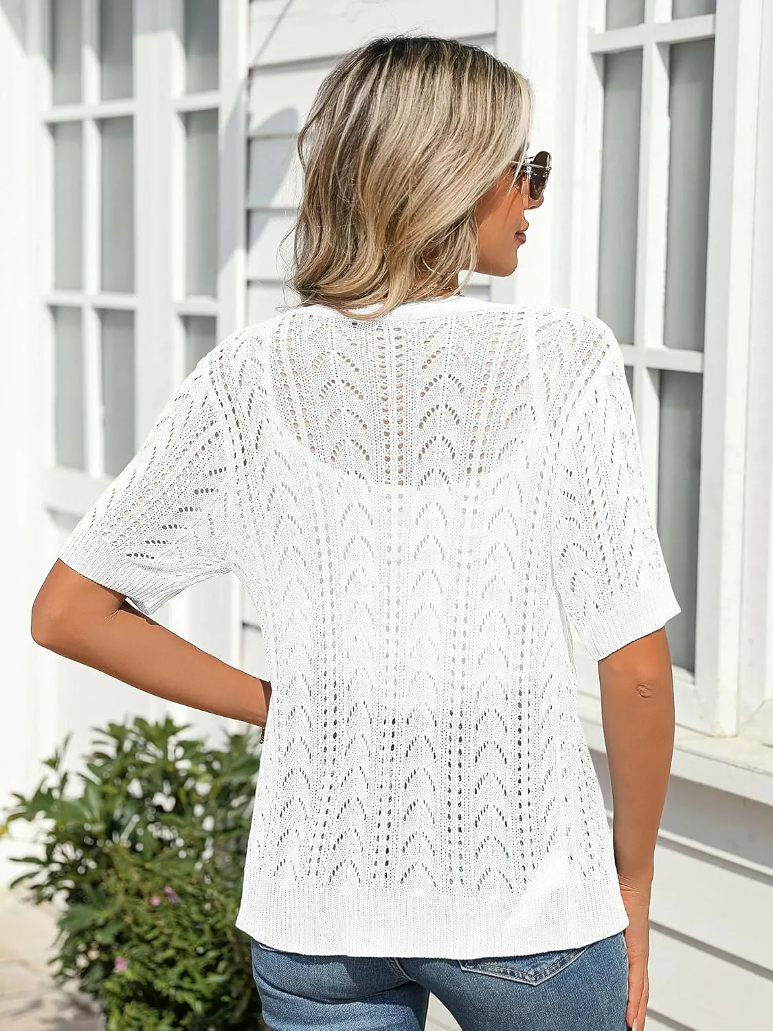 BB&KK Women's Crochet Open Front Cardigan Button Short Sleeve V Neck Soft Knitted Sweater Outerwear Cover Up