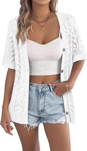 BB&KK Women's Crochet Open Front Cardigan Button Short Sleeve V Neck Soft Knitted Sweater Outerwear Cover Up