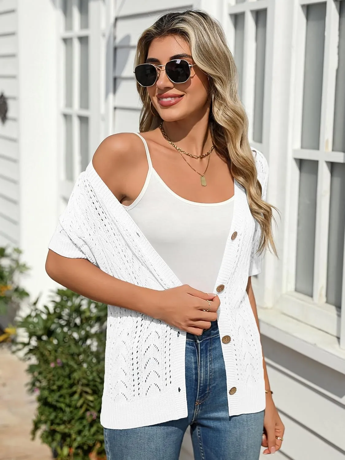 BB&KK Women's Crochet Open Front Cardigan Button Short Sleeve V Neck Soft Knitted Sweater Outerwear Cover Up