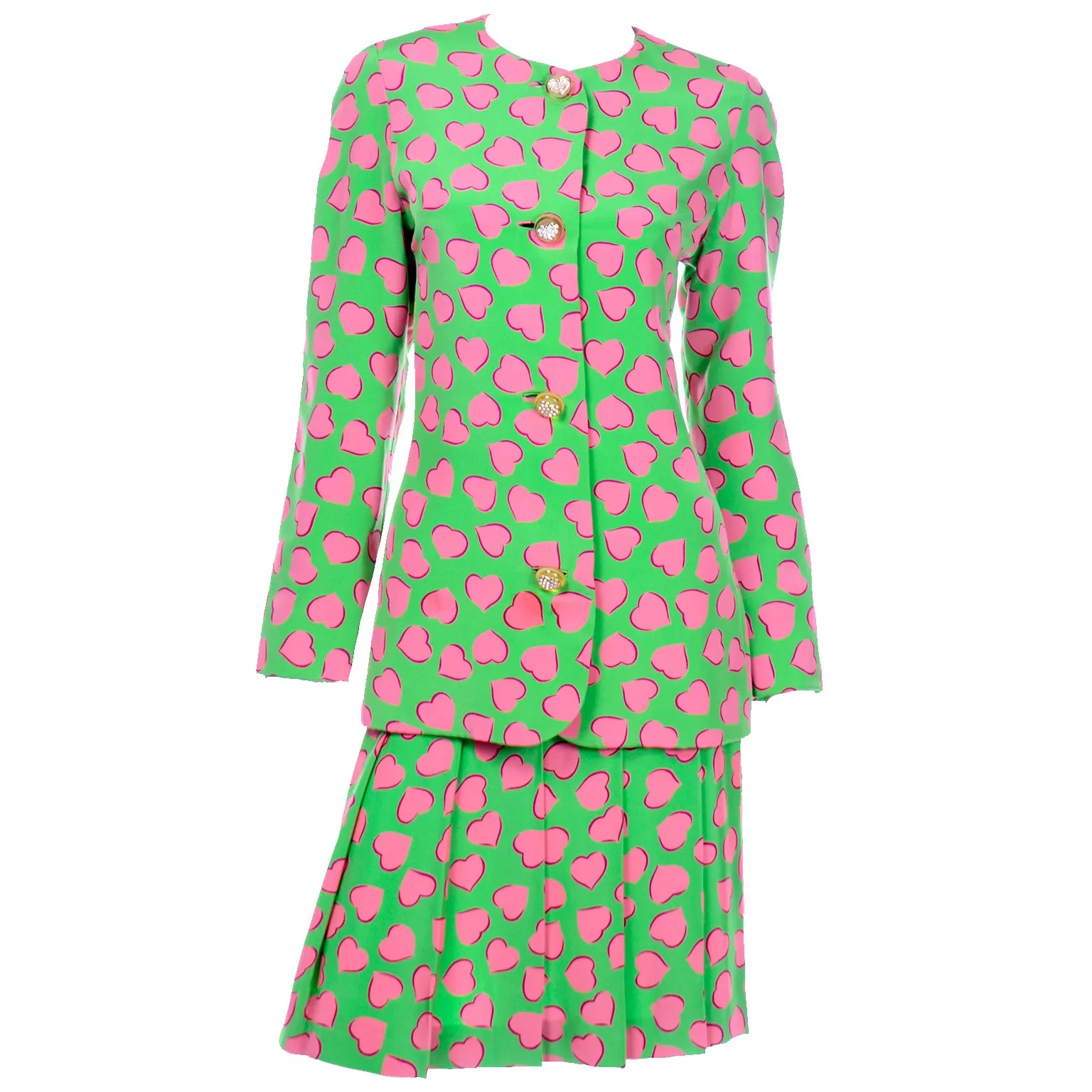 Carolina Herrera Novelty Heart Print Silk 2 Pc Dress Skirt Suit