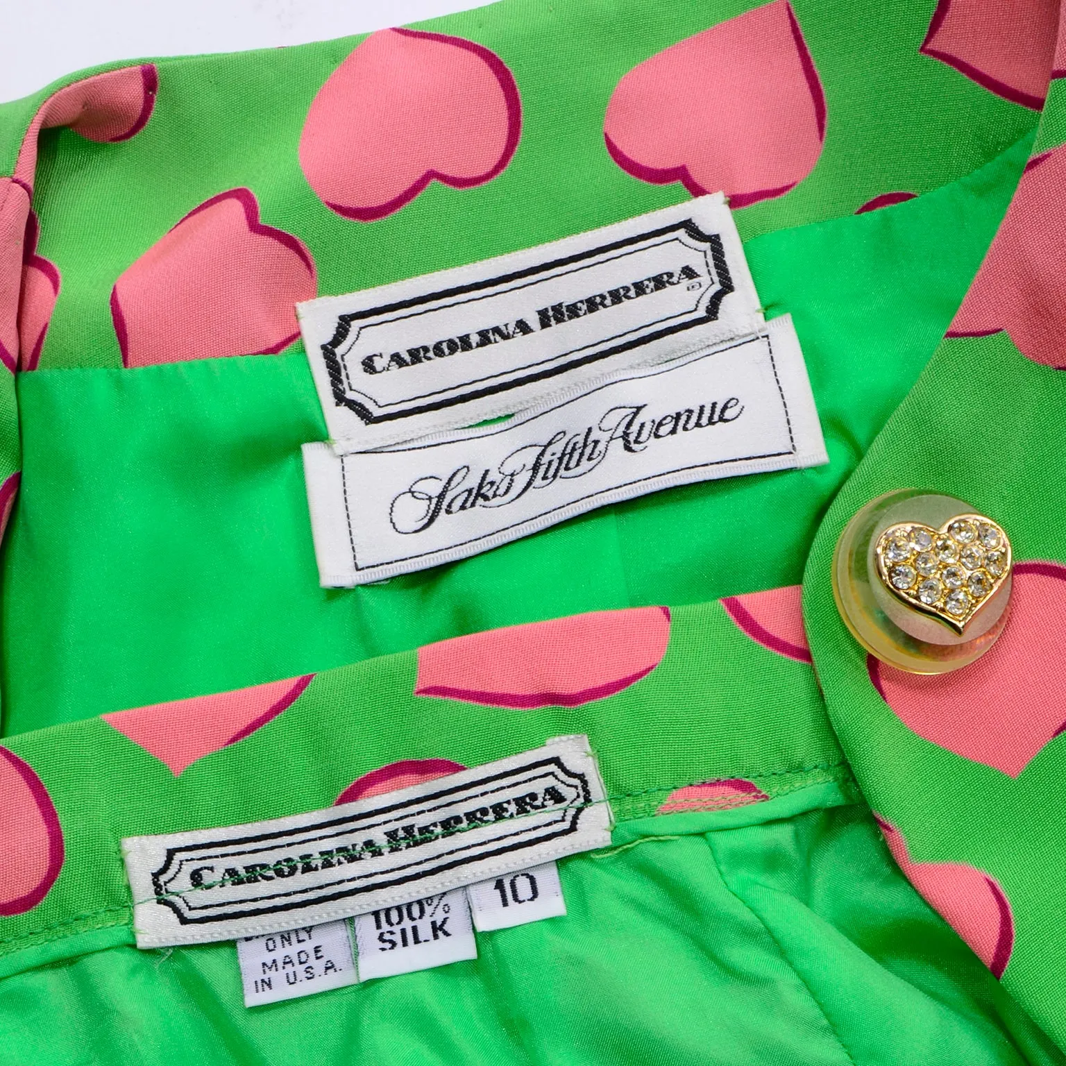 Carolina Herrera Novelty Heart Print Silk 2 Pc Dress Skirt Suit