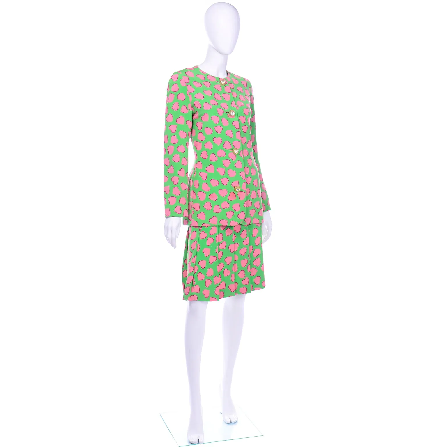 Carolina Herrera Novelty Heart Print Silk 2 Pc Dress Skirt Suit