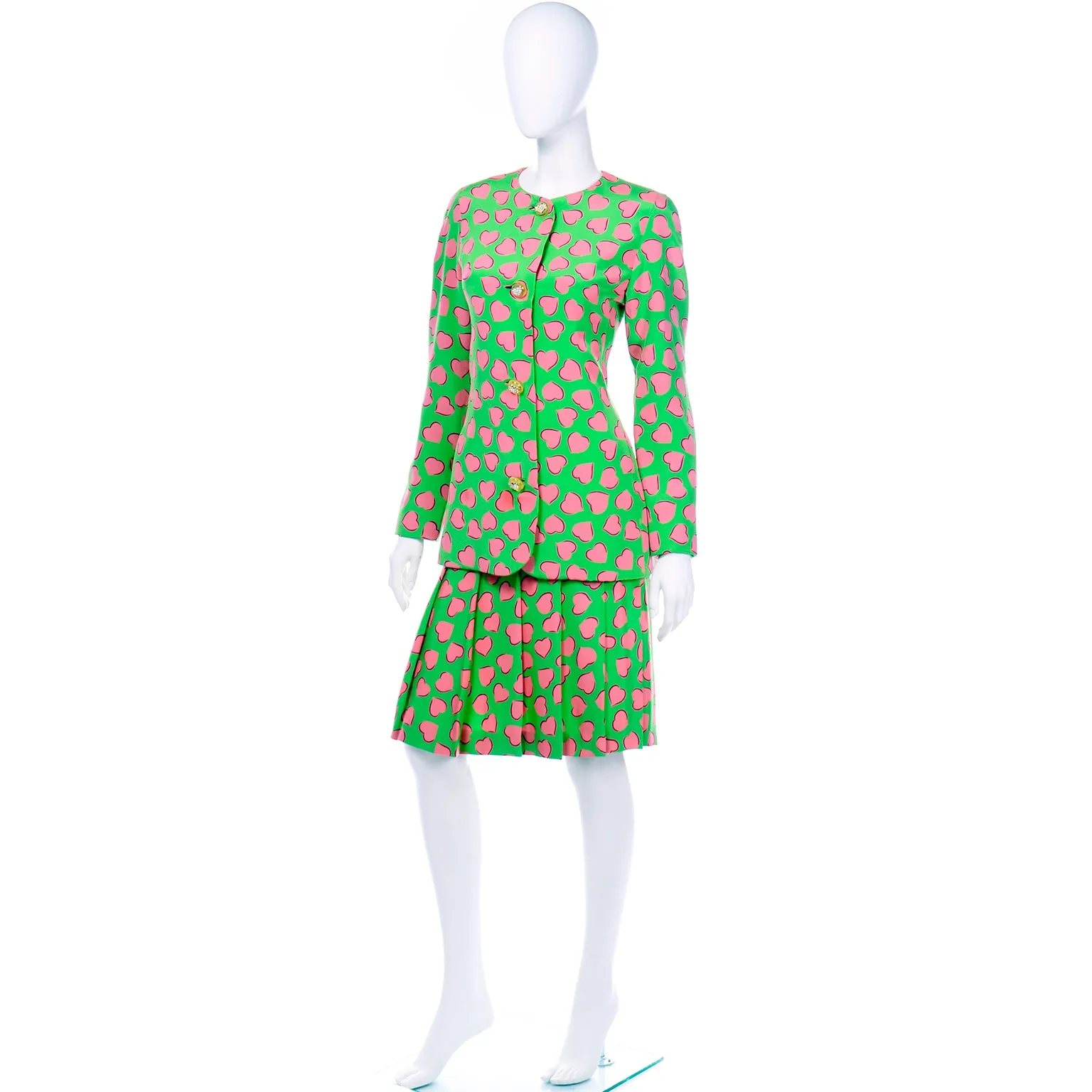 Carolina Herrera Novelty Heart Print Silk 2 Pc Dress Skirt Suit