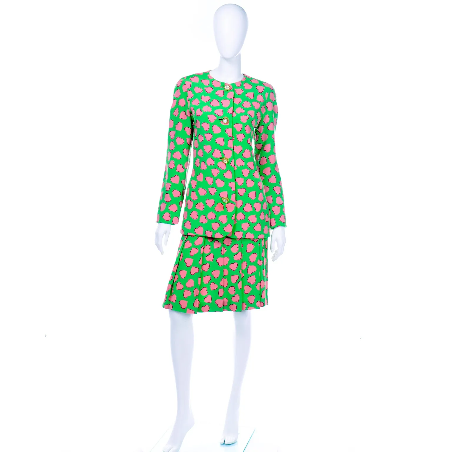 Carolina Herrera Novelty Heart Print Silk 2 Pc Dress Skirt Suit