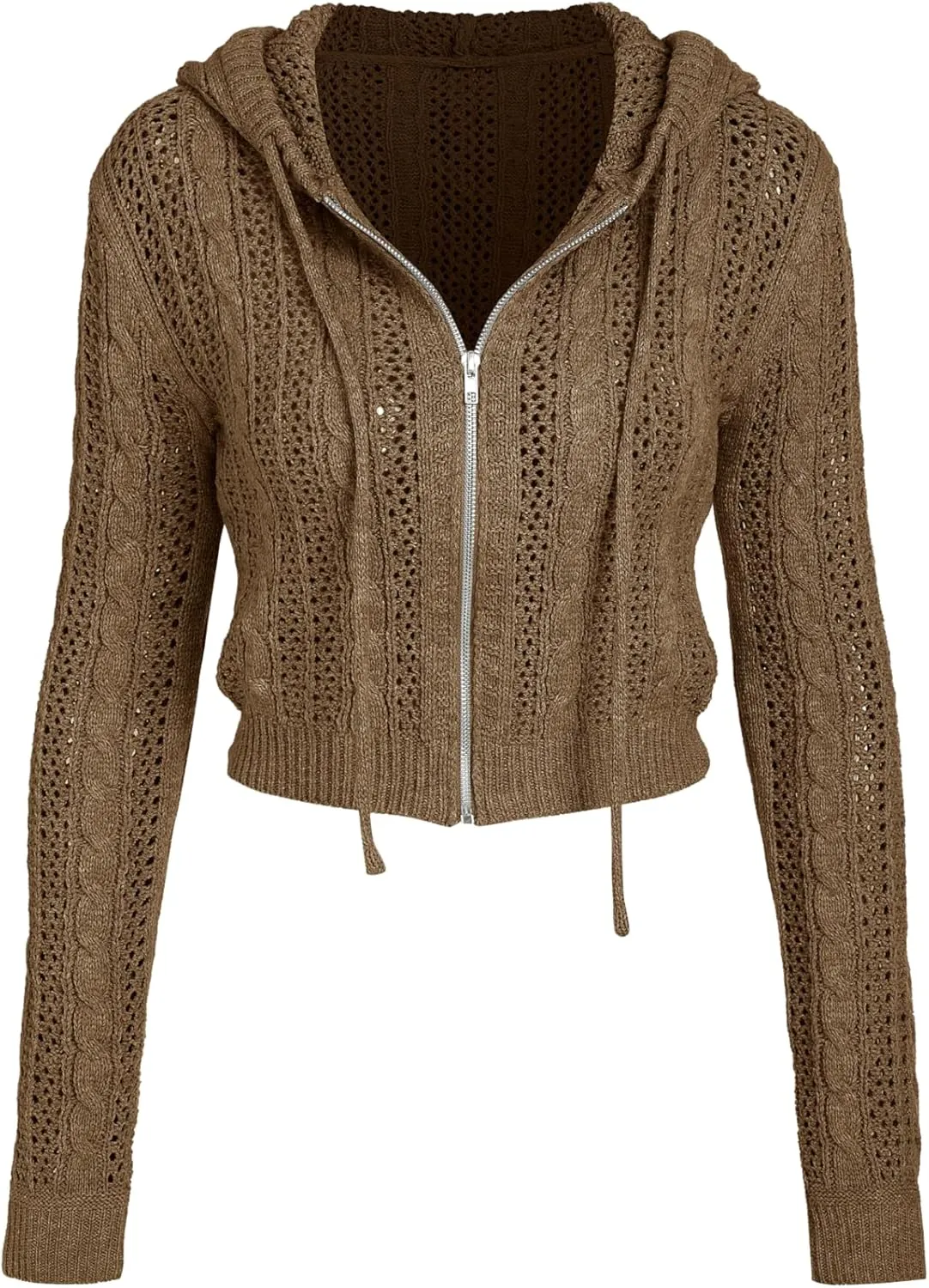 CIDER Womens Zip Up Hoodie Crop Top Hollow Out Knitted Long Sleeve Cardigan Jacket Sweatshirt