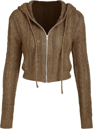 CIDER Womens Zip Up Hoodie Crop Top Hollow Out Knitted Long Sleeve Cardigan Jacket Sweatshirt