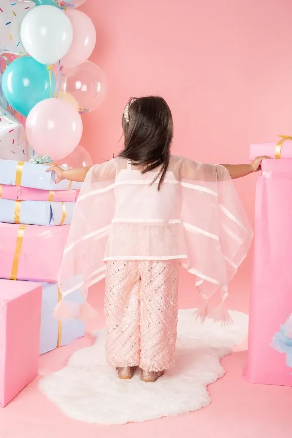 Flarry organza cape with crop top and embroidered pants