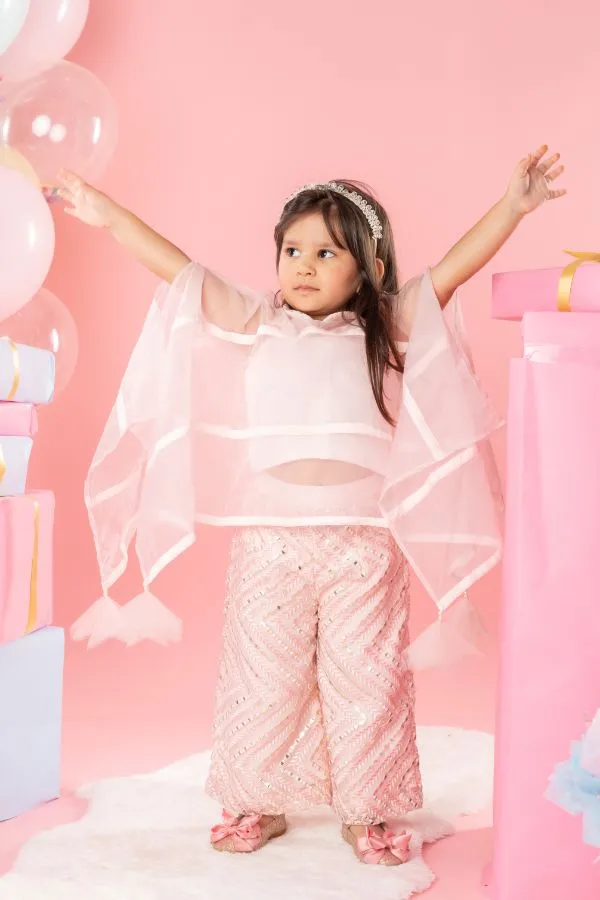 Flarry organza cape with crop top and embroidered pants