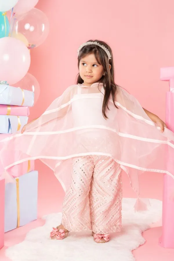 Flarry organza cape with crop top and embroidered pants