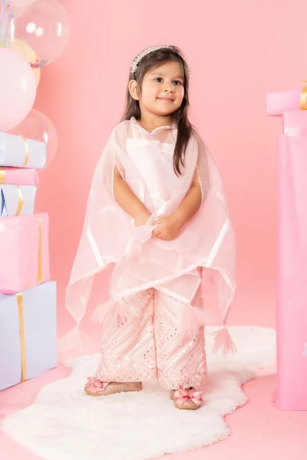 Flarry organza cape with crop top and embroidered pants
