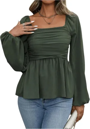 Floerns Women's Bishop Long Sleeve Ruched Square Neck Ruffle Hem Peplum Blouse Top
