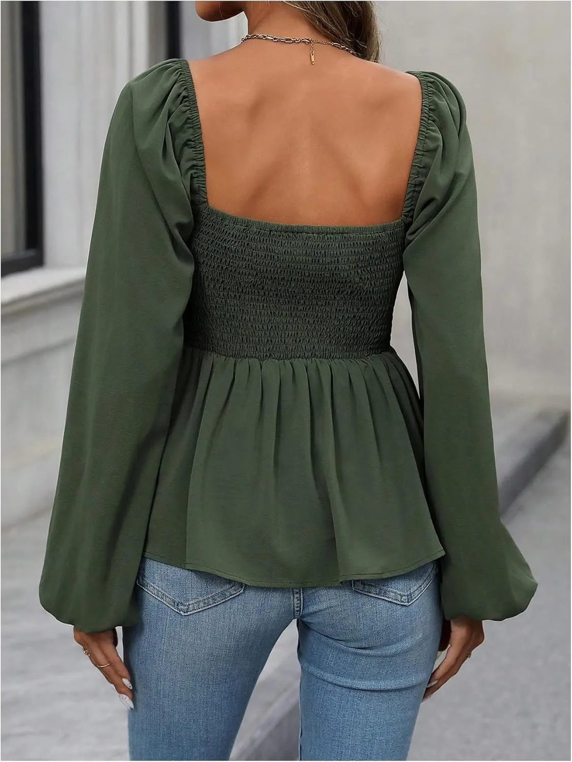 Floerns Women's Bishop Long Sleeve Ruched Square Neck Ruffle Hem Peplum Blouse Top