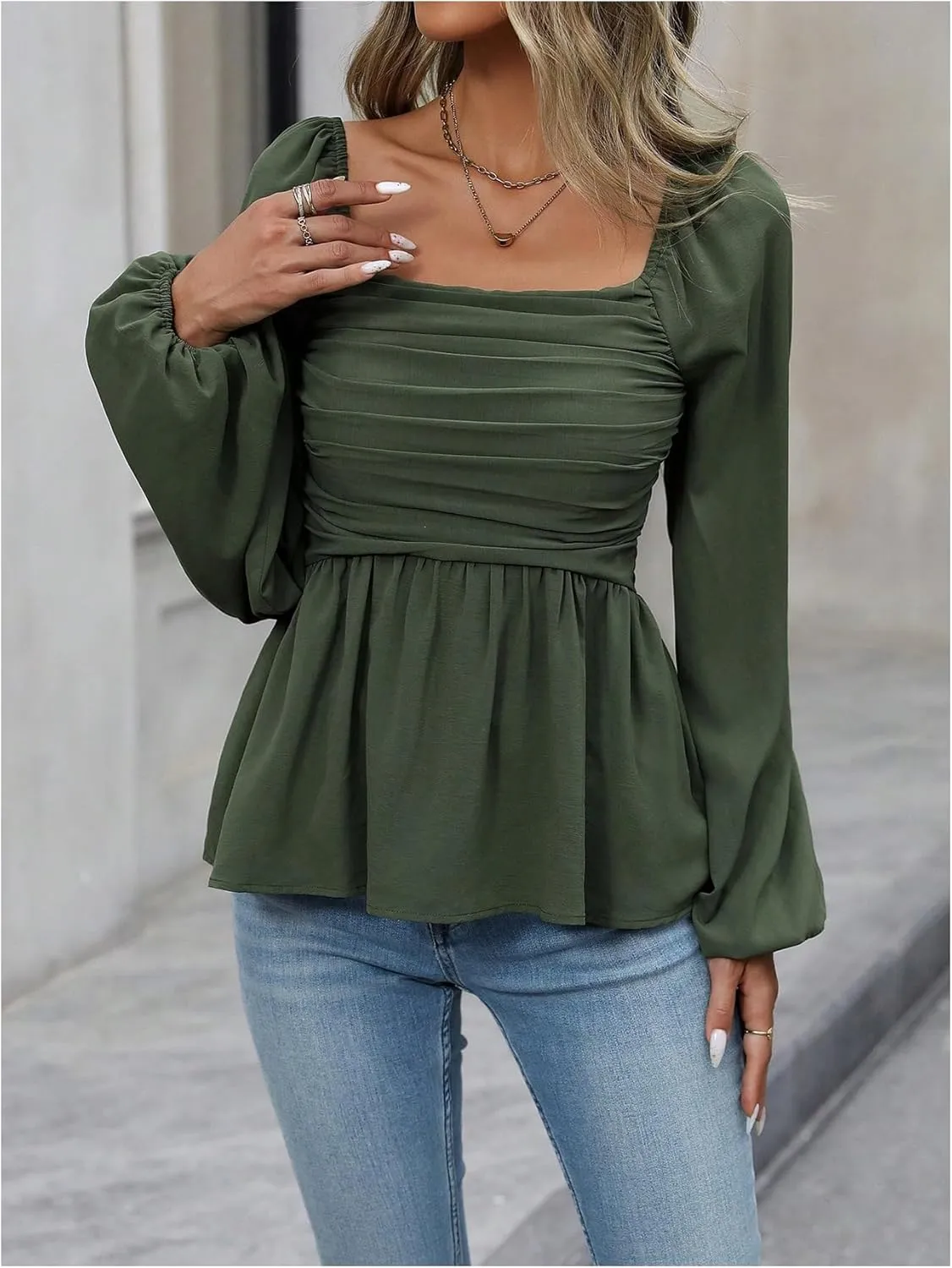 Floerns Women's Bishop Long Sleeve Ruched Square Neck Ruffle Hem Peplum Blouse Top
