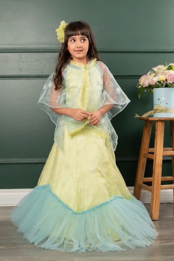 Frilled cape with heavy embroidered crop top and lahenga