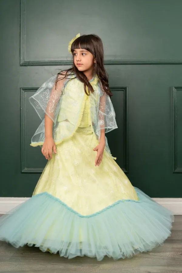 Frilled cape with heavy embroidered crop top and lahenga