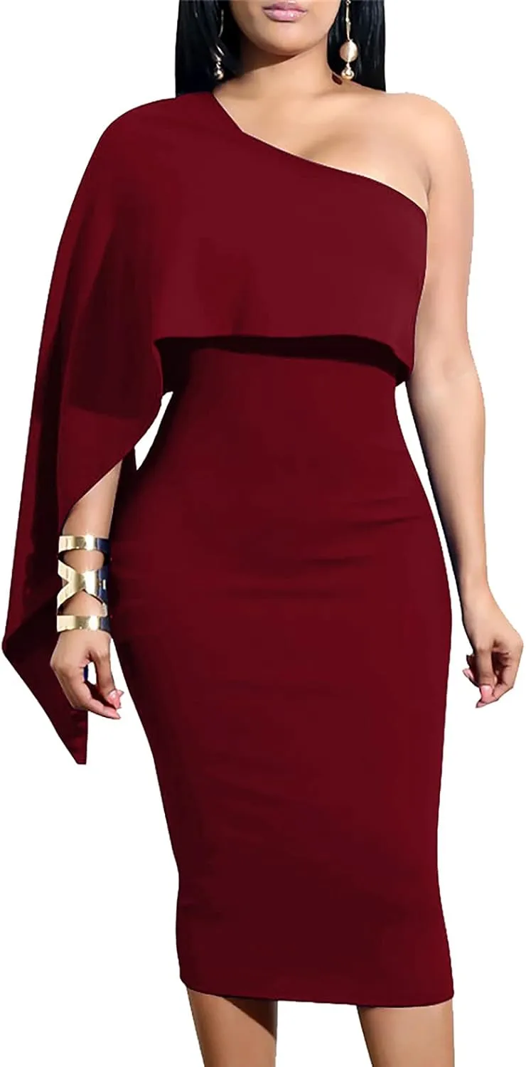 GOBLES Women's Summer Sexy One Shoulder Ruffle Bodycon Midi Cocktail Dress