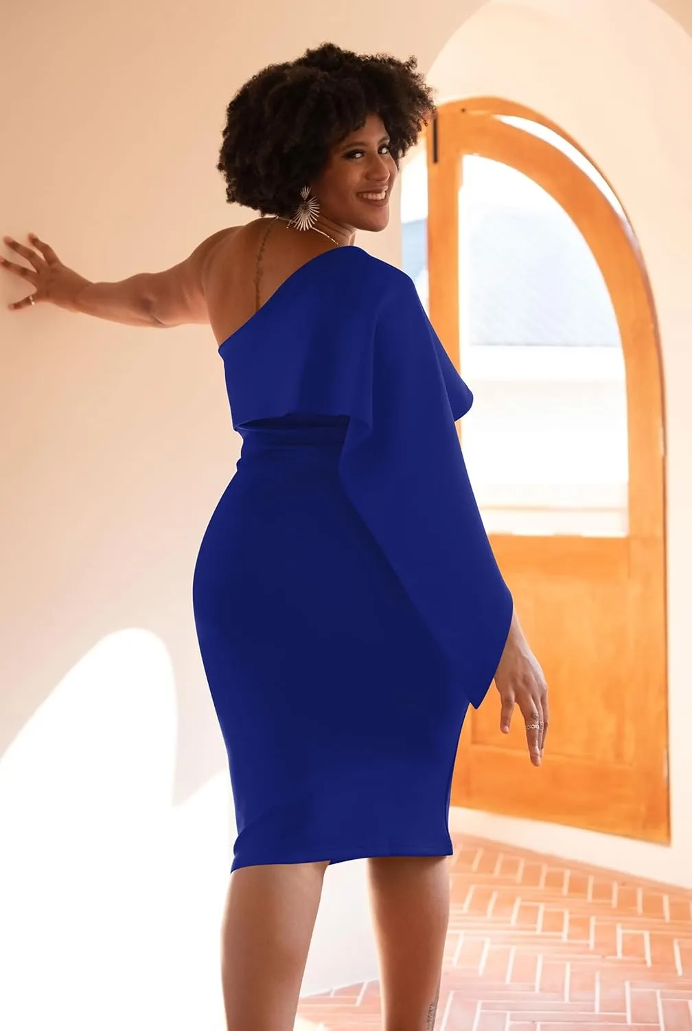 GOBLES Women's Summer Sexy One Shoulder Ruffle Bodycon Midi Cocktail Dress
