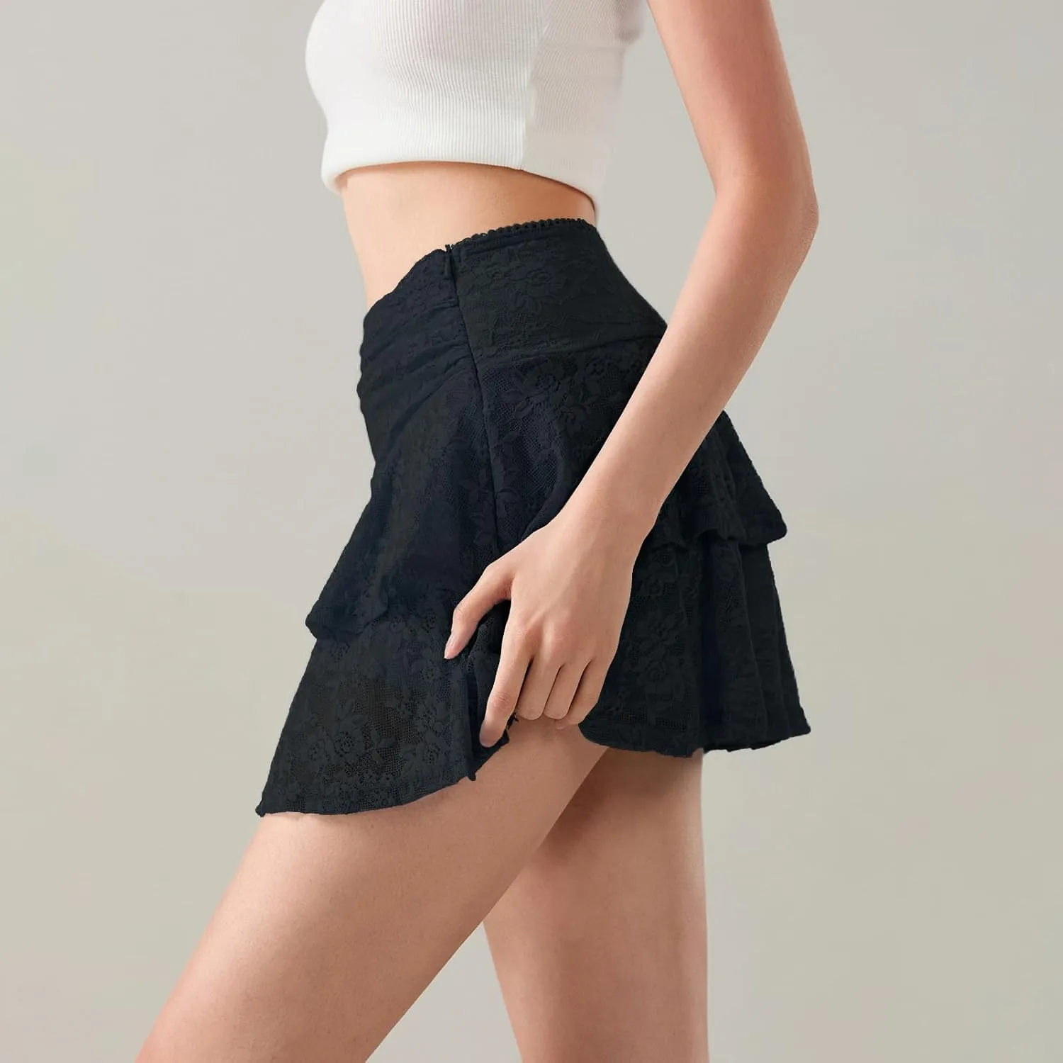 ICNGLKSND Women Fairy Lace Mini Skirt Y2K Ruched High Waist Ruffled Cake Skirt A Line High Low Trendy Going Out Tiered Skirt