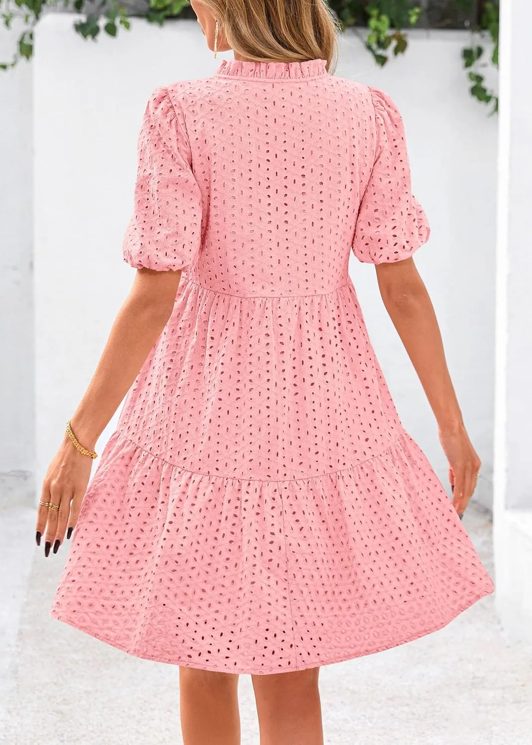 KIRUNDO Eyelet Summer Dresses for Women Mini Casual Hollow Out Short Sleeve Lace Tiered V Neck Shift Dress with Pockets