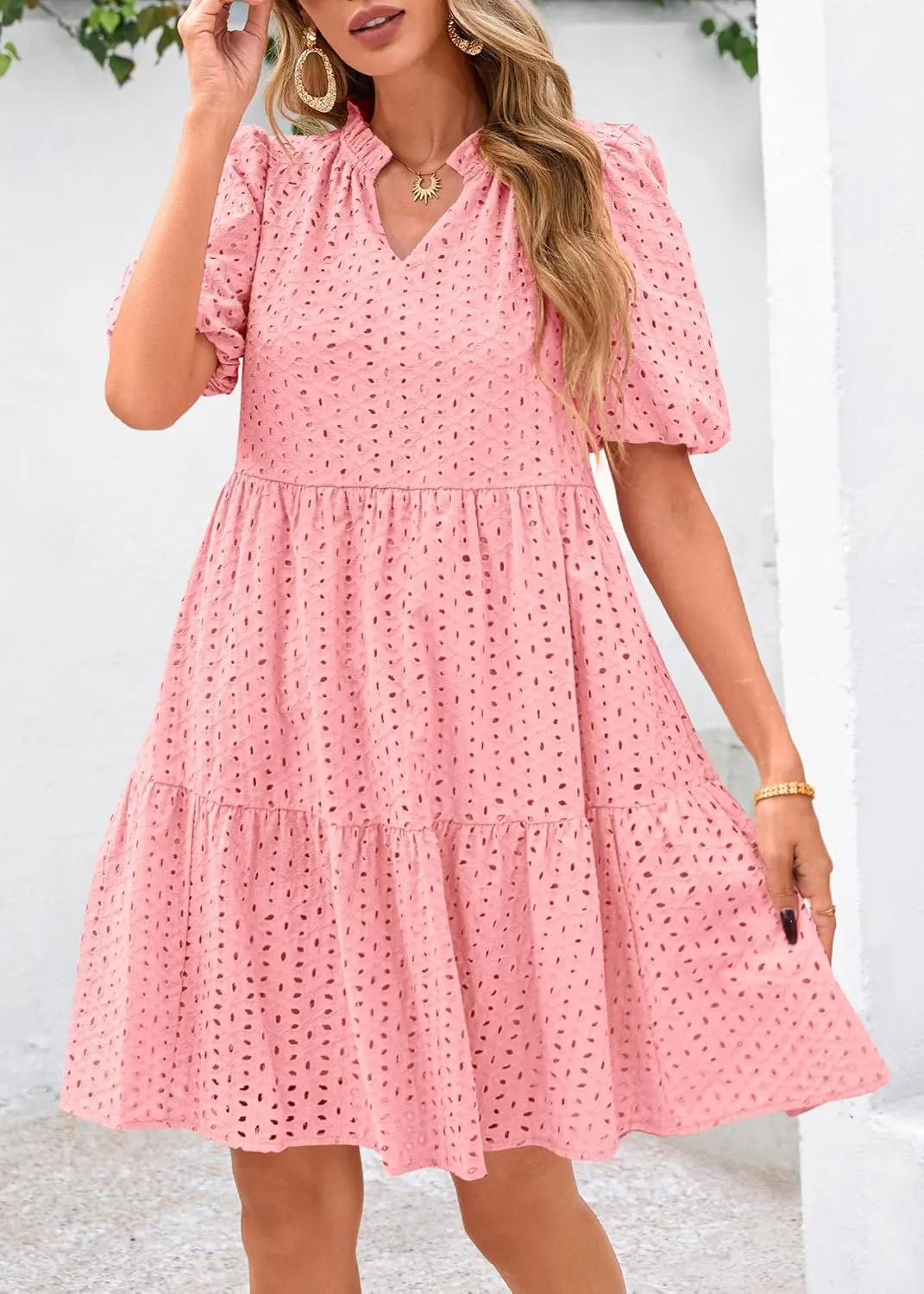 KIRUNDO Eyelet Summer Dresses for Women Mini Casual Hollow Out Short Sleeve Lace Tiered V Neck Shift Dress with Pockets