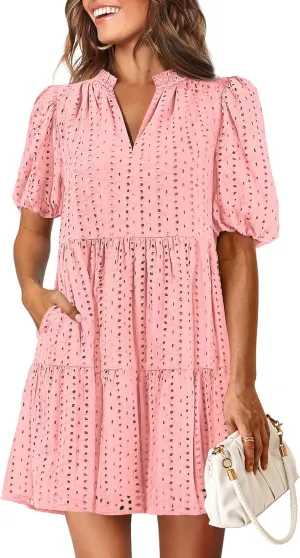KIRUNDO Eyelet Summer Dresses for Women Mini Casual Hollow Out Short Sleeve Lace Tiered V Neck Shift Dress with Pockets