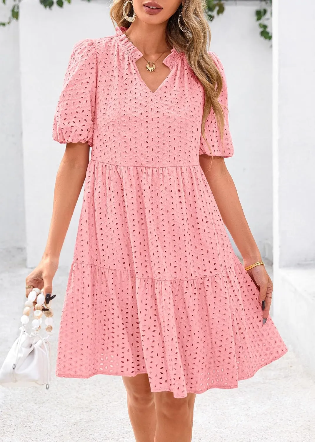 KIRUNDO Eyelet Summer Dresses for Women Mini Casual Hollow Out Short Sleeve Lace Tiered V Neck Shift Dress with Pockets