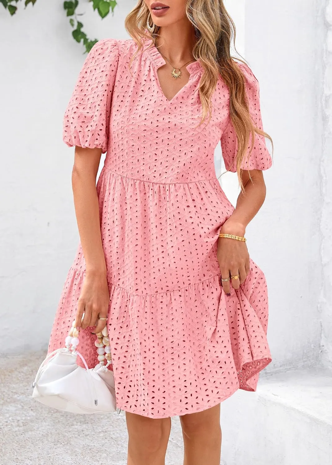 KIRUNDO Eyelet Summer Dresses for Women Mini Casual Hollow Out Short Sleeve Lace Tiered V Neck Shift Dress with Pockets