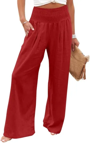 Linen Pants Women Summer High Waisted Palazzo Pants Pleated Lounge Pant Baggy Flowy Trousers with Pockets (S-XXL)