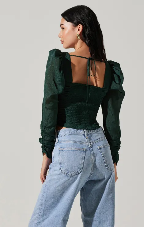 Long Sleeve Ruched Puff Sleeve Top Hunter Green