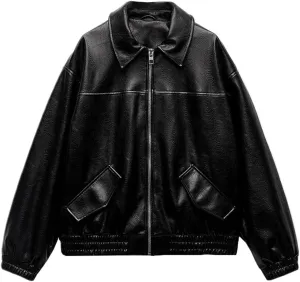 LY VAREY LIN Womens Faux Leather Jacket Long Sleeve Zip Up Casual Bomber Motorcycle Biker Coat
