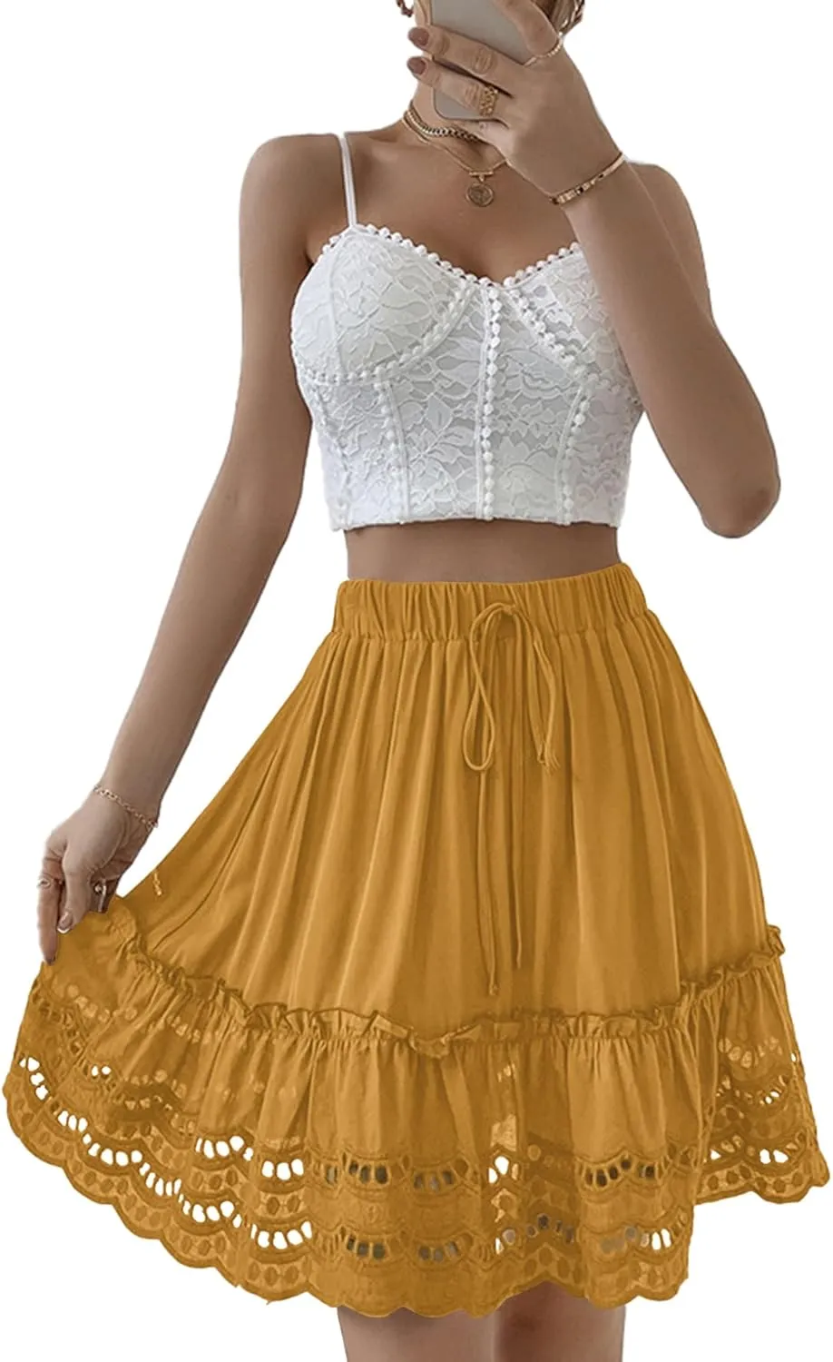 LYANER Women's Elastic Waist Self Tie Pullover Scallop Hem Pleated Casual Mini Skirt