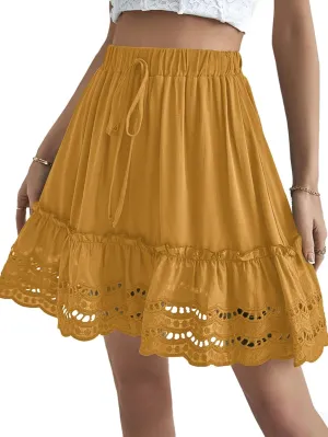 LYANER Women's Elastic Waist Self Tie Pullover Scallop Hem Pleated Casual Mini Skirt