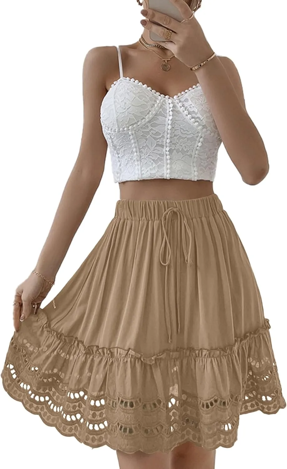 LYANER Women's Elastic Waist Self Tie Pullover Scallop Hem Pleated Casual Mini Skirt