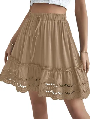 LYANER Women's Elastic Waist Self Tie Pullover Scallop Hem Pleated Casual Mini Skirt