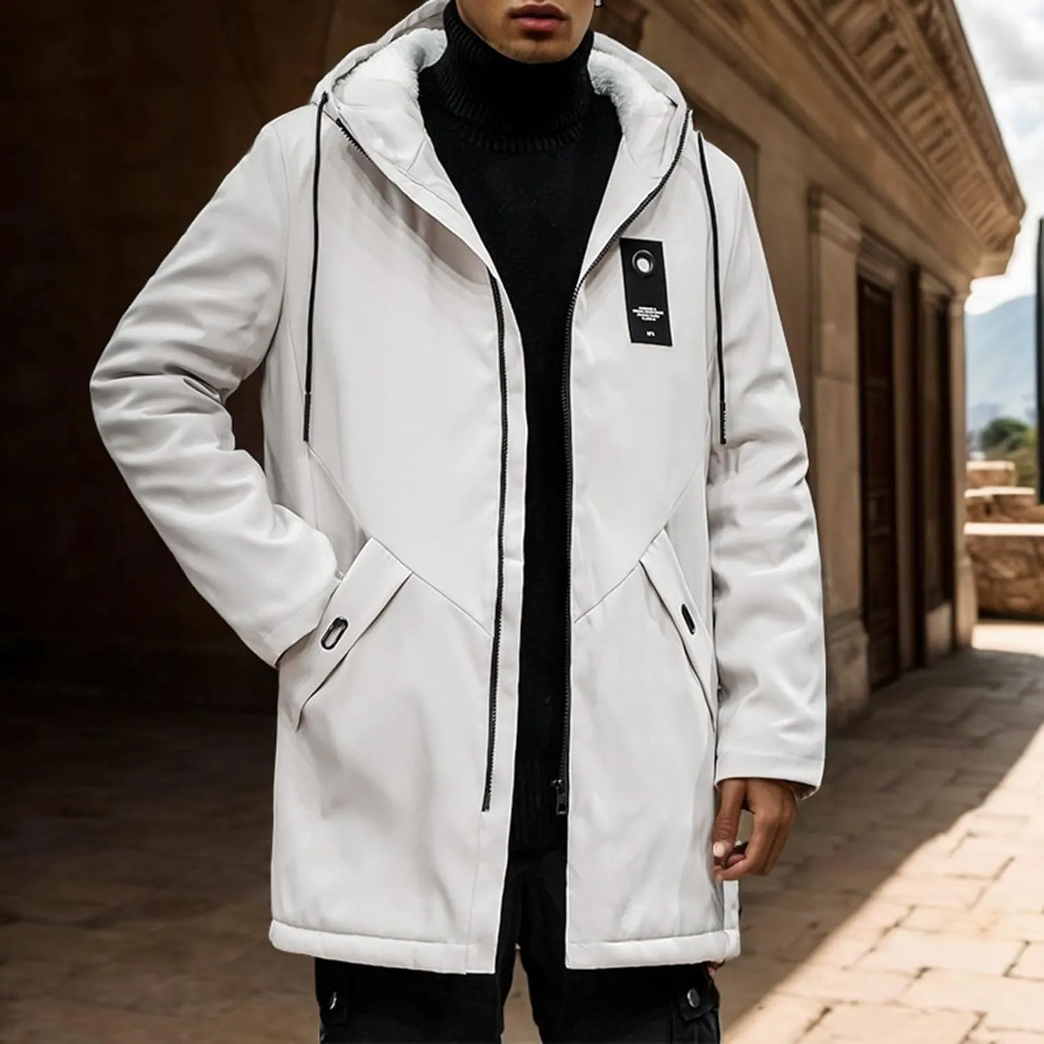Mens 2024 Winter Hooded Trench Coats Stylish Long Zip Windbreaker Jacket Plus Size Windproof Outdoor Hiking Travel Overcoats