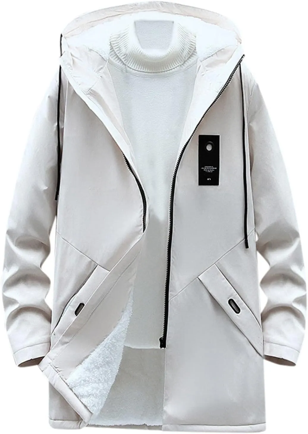 Mens 2024 Winter Hooded Trench Coats Stylish Long Zip Windbreaker Jacket Plus Size Windproof Outdoor Hiking Travel Overcoats