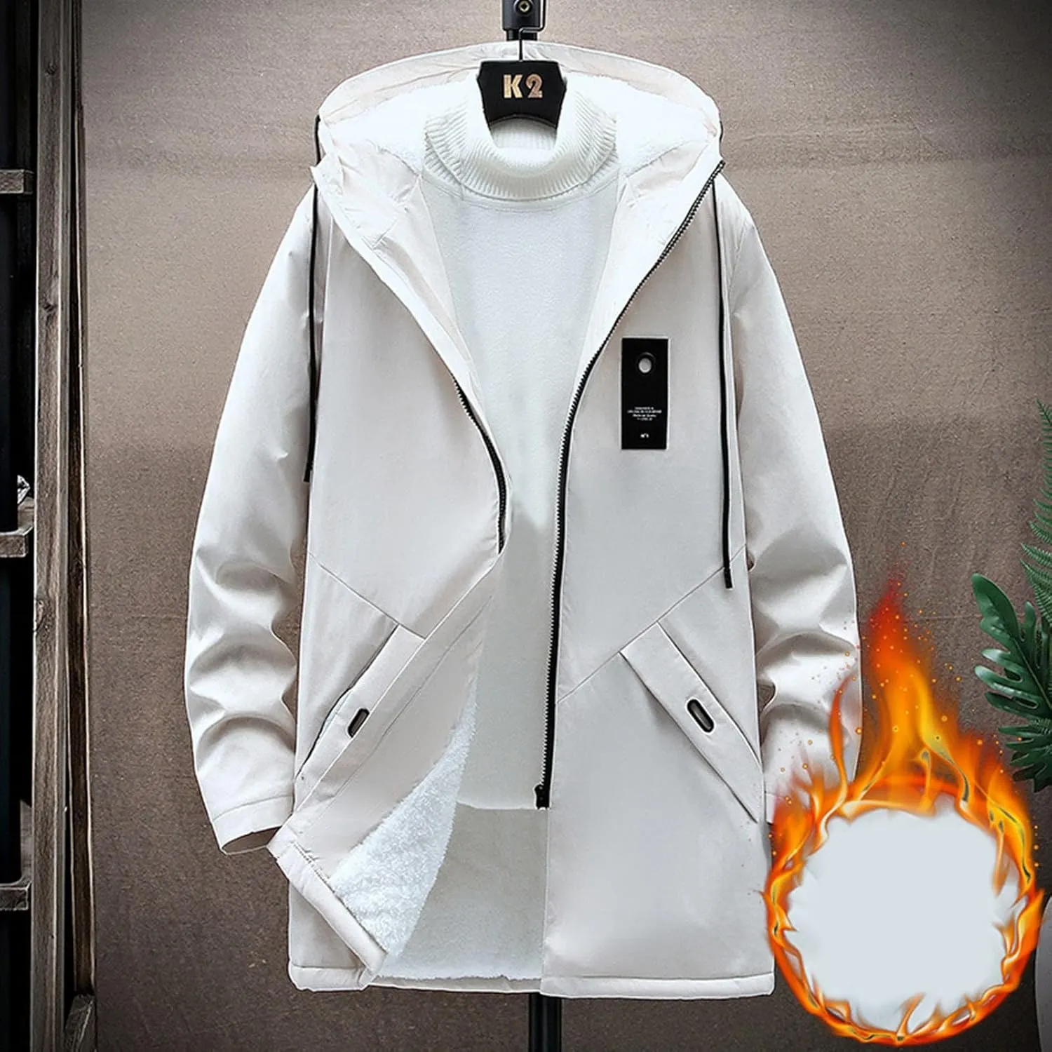 Mens 2024 Winter Hooded Trench Coats Stylish Long Zip Windbreaker Jacket Plus Size Windproof Outdoor Hiking Travel Overcoats