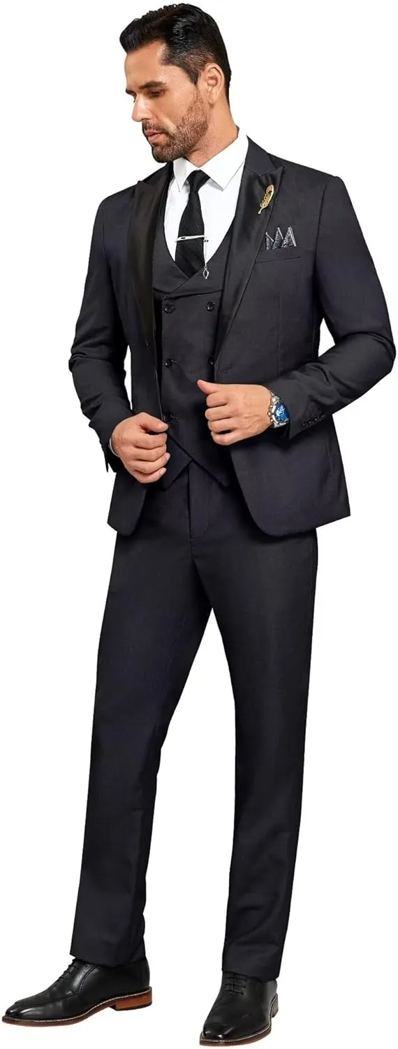 Mens Suit Slim Fit 3 Piece Suit Blazer Vest Pants Sets with Bow Tie Handkercher Brooch for Men for Wedding Prom Party