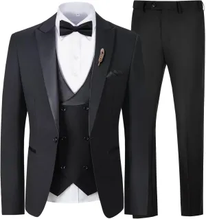 Mens Suit Slim Fit 3 Piece Suit Blazer Vest Pants Sets with Bow Tie Handkercher Brooch for Men for Wedding Prom Party