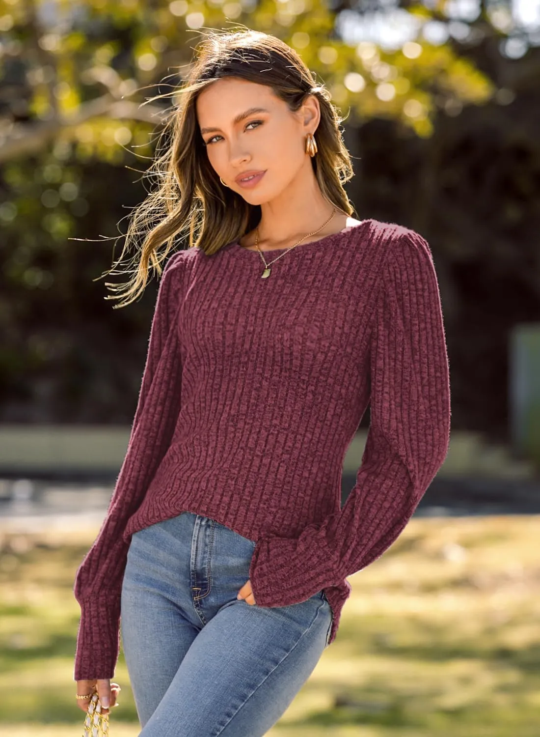 MIHOLL Women's Puff Long Sleeve Shirts Casual Knit Blouses Crew Neck Elegant Tunic Tops