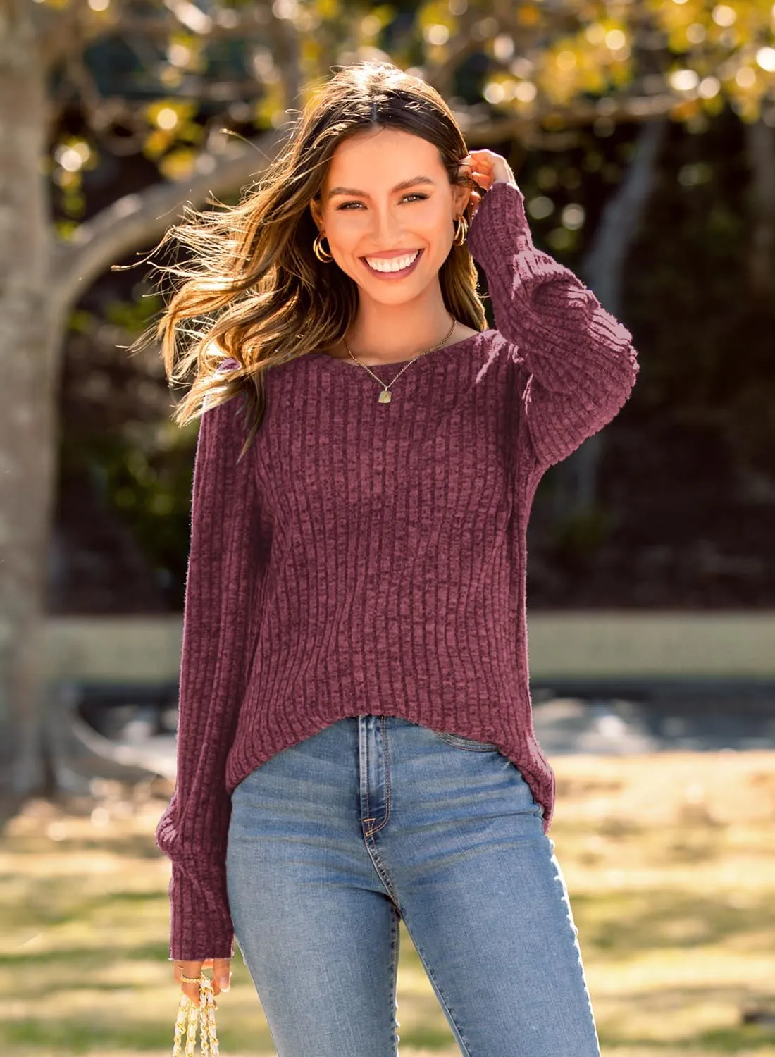 MIHOLL Women's Puff Long Sleeve Shirts Casual Knit Blouses Crew Neck Elegant Tunic Tops